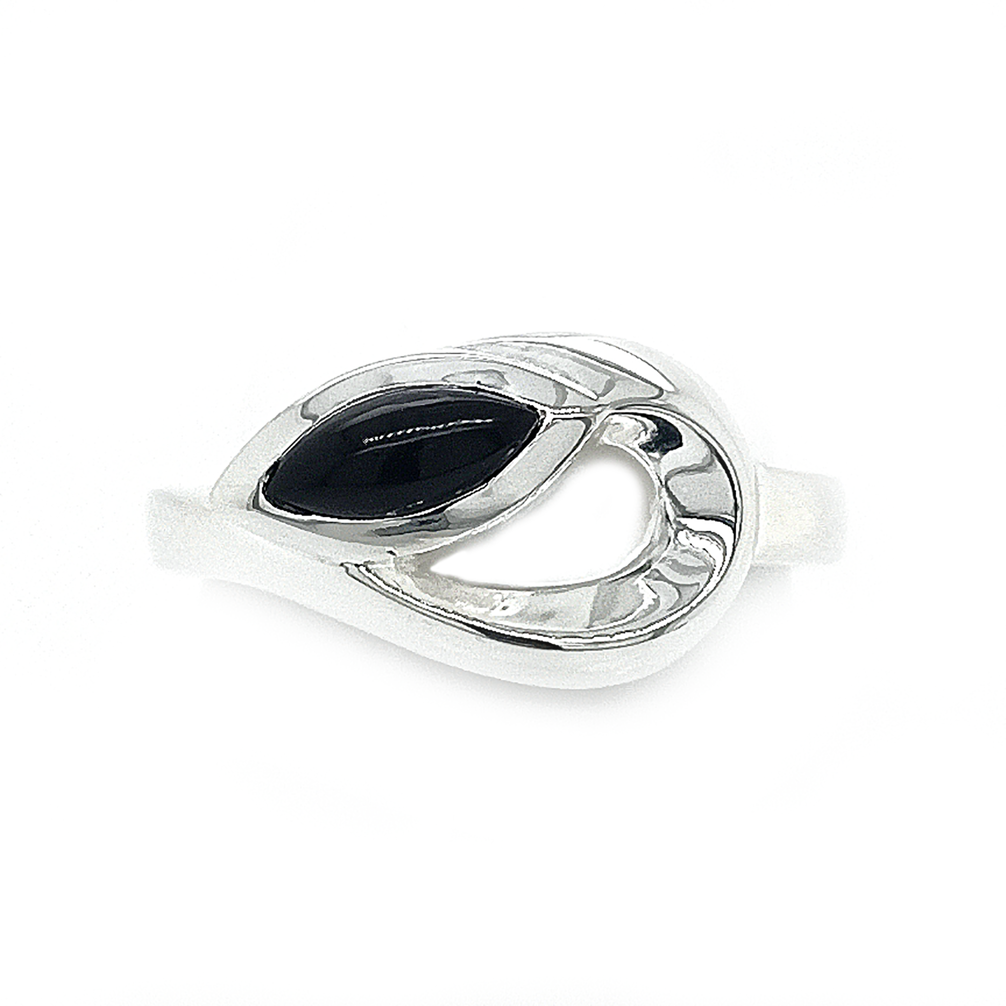 Silver and black onyx loop curl ring