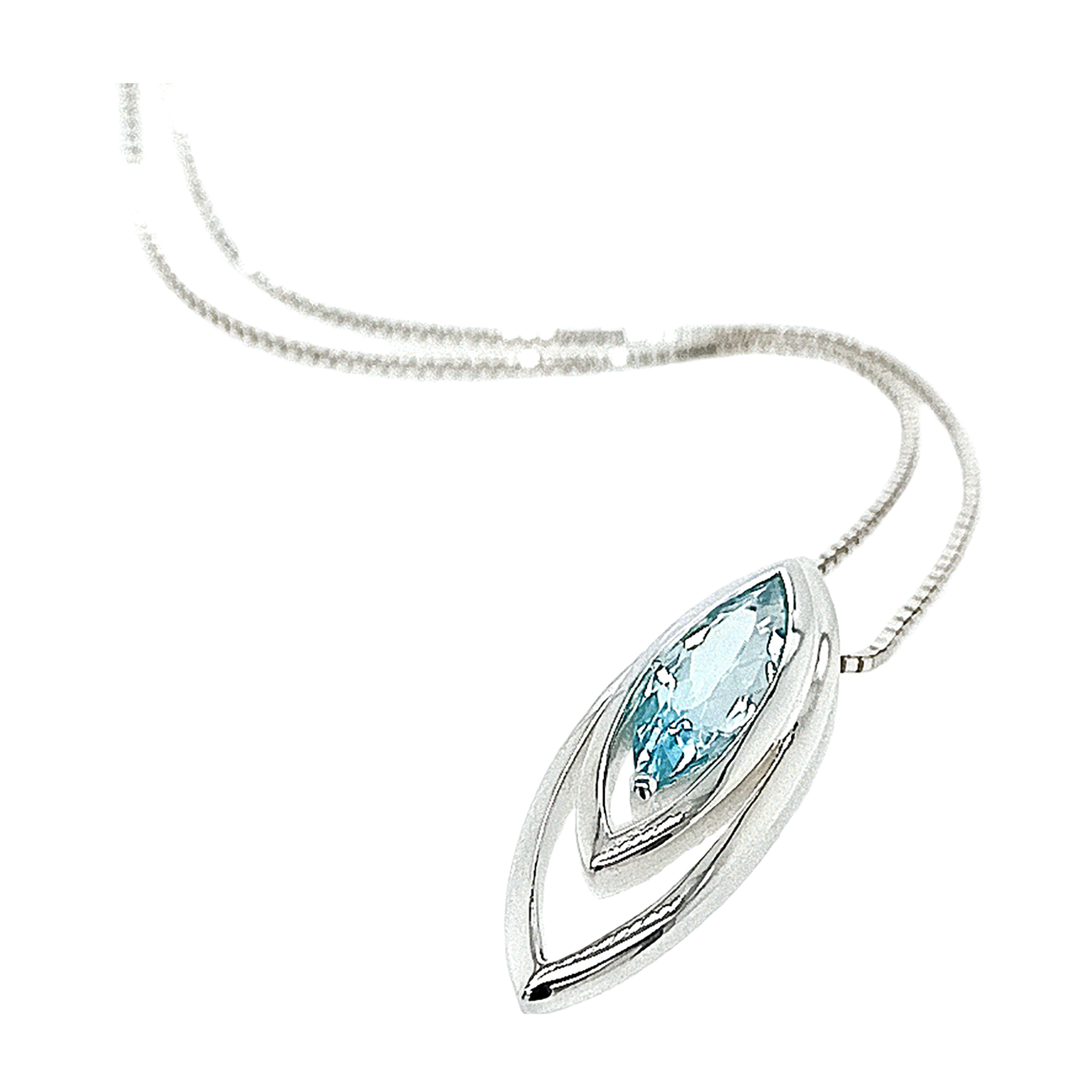 Silver Marquise Art Deco Style Blue Topaz Pendant on Chain