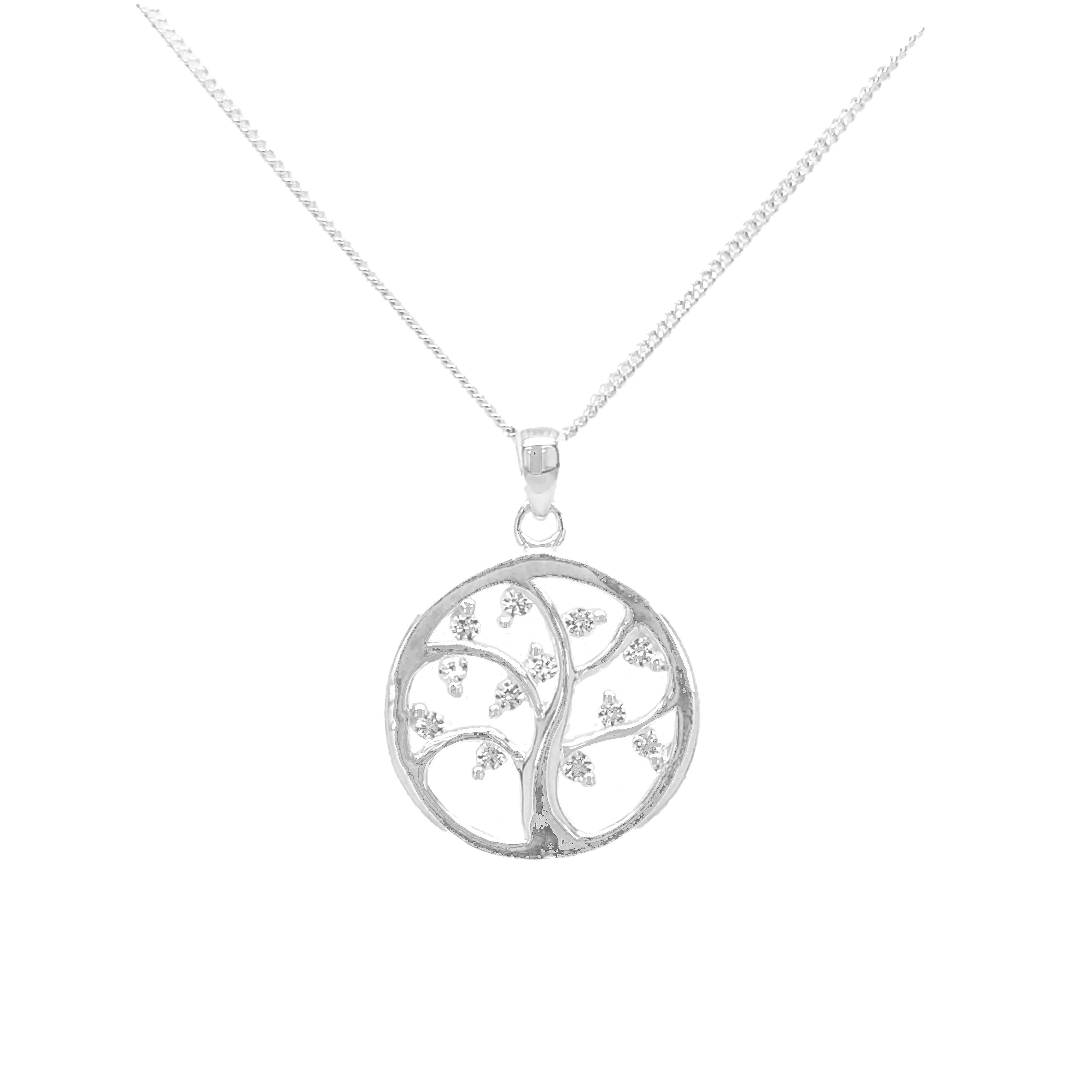 Silver CZ Tree in Disc Pendant on Chain