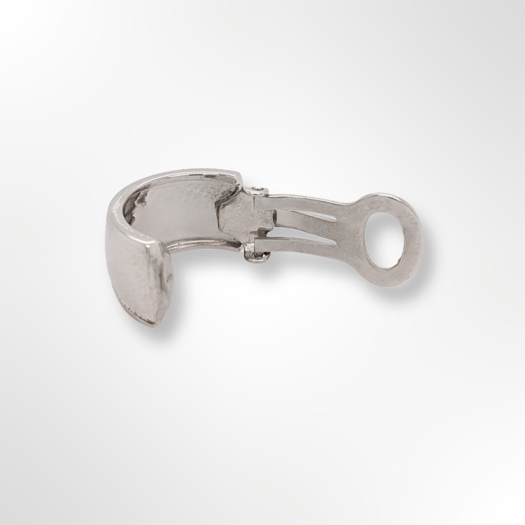 A sterling silver clip-on earring featuring a stylish curved design.