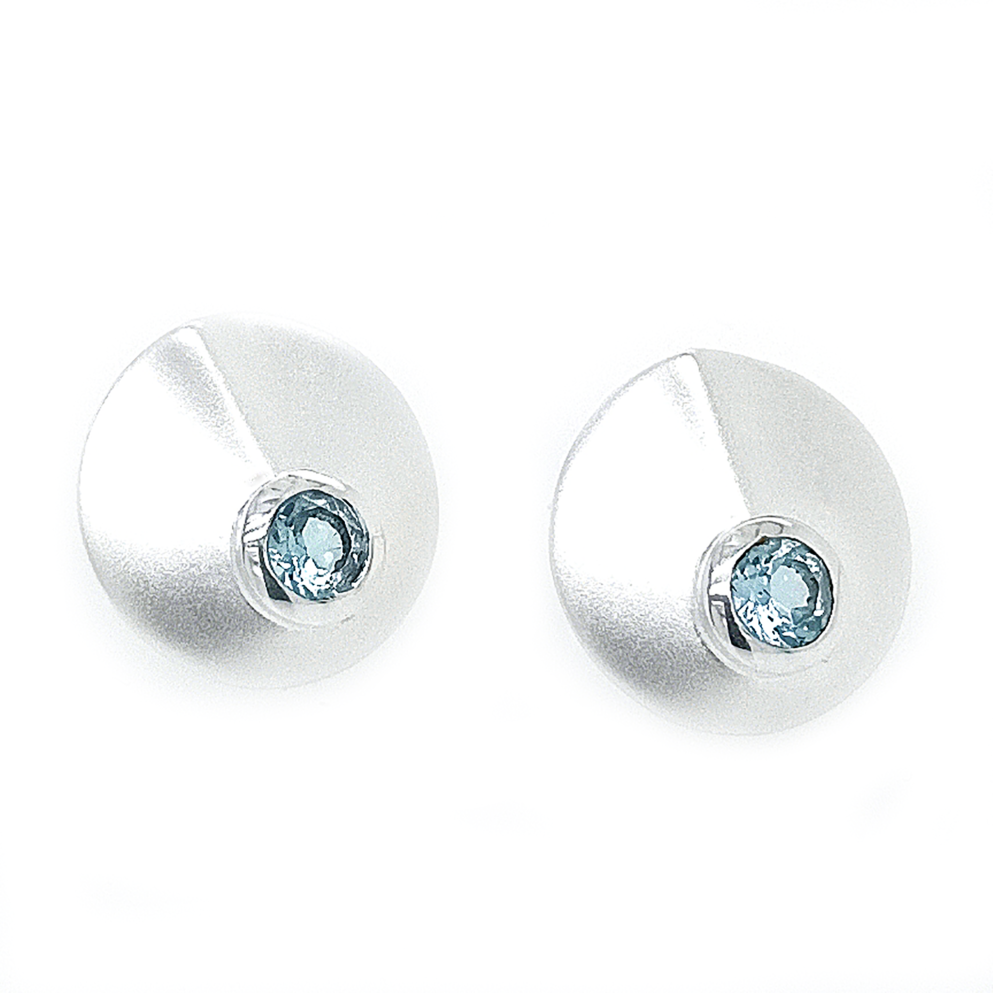 Silver Satin Blue Topaz Folded Disc Stud Earrings