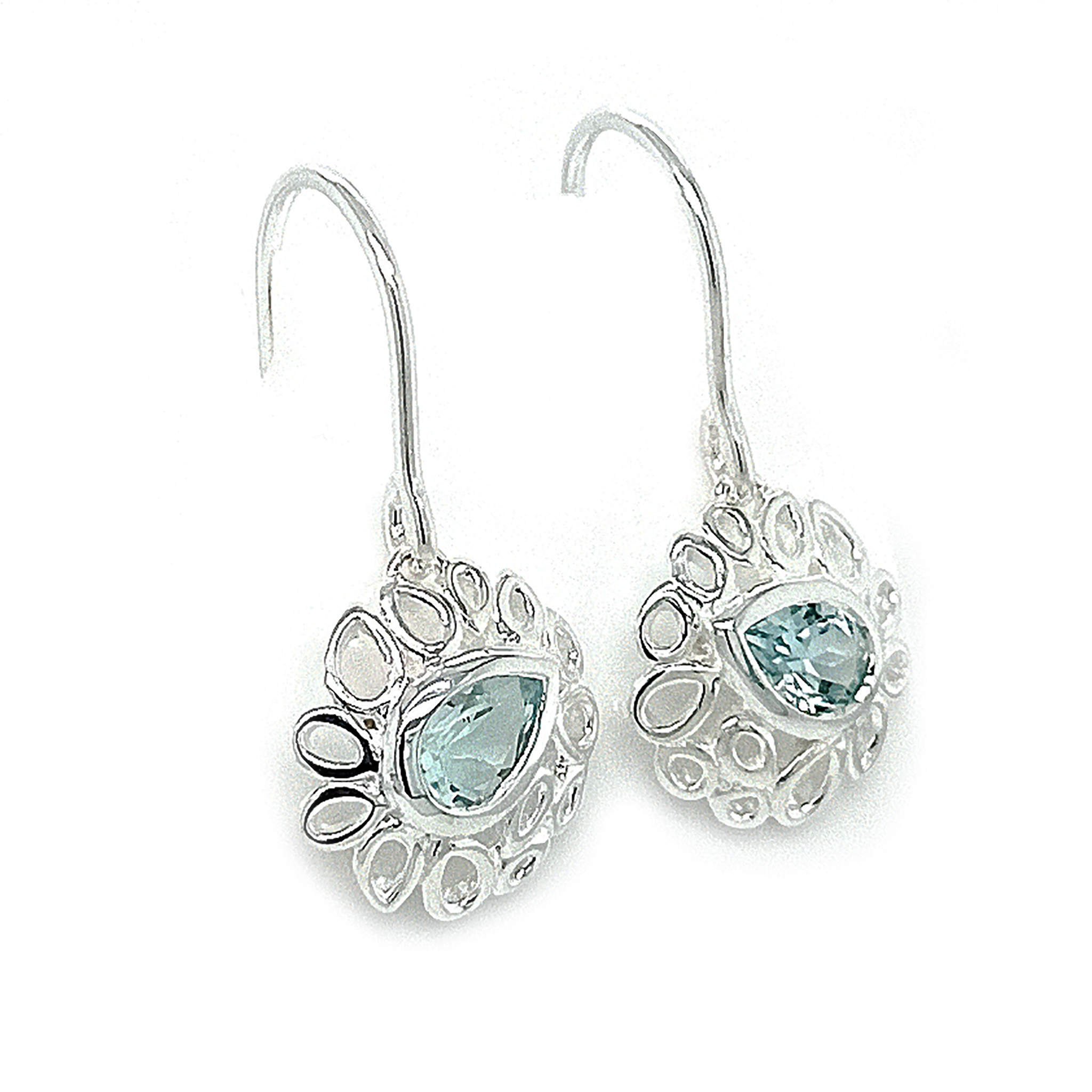 Silver Dehlia Blue Topaz Drop Earrings