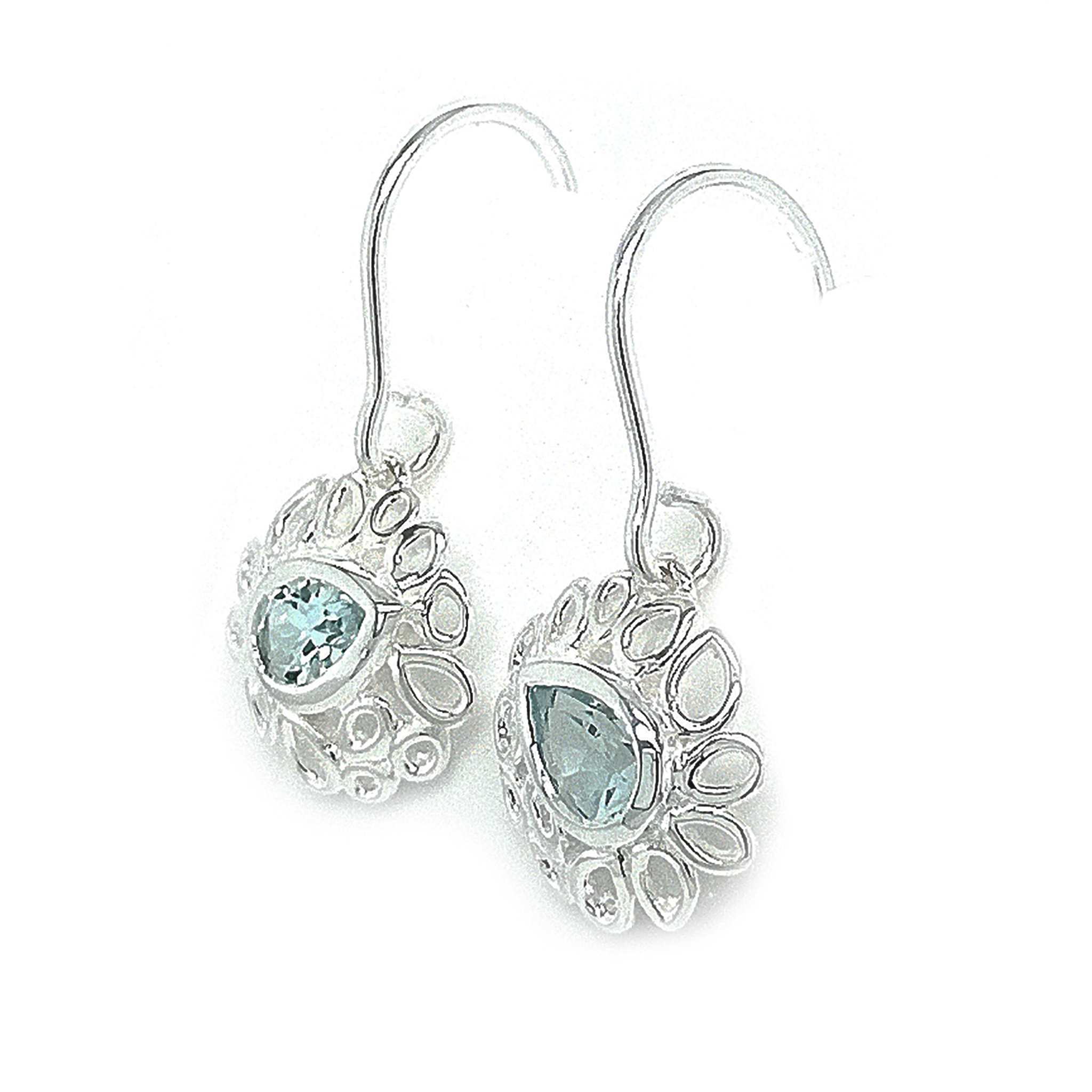 Silver Dehlia Blue Topaz Drop Earrings