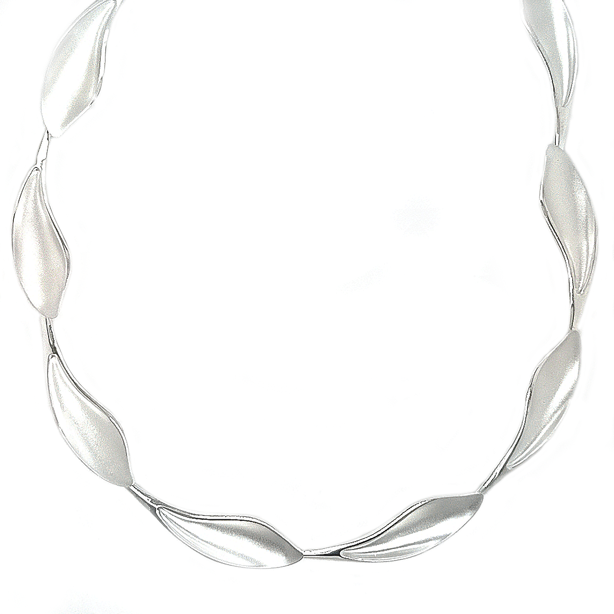 Silver Matt Concave Leaf Shaped Link Necklace
