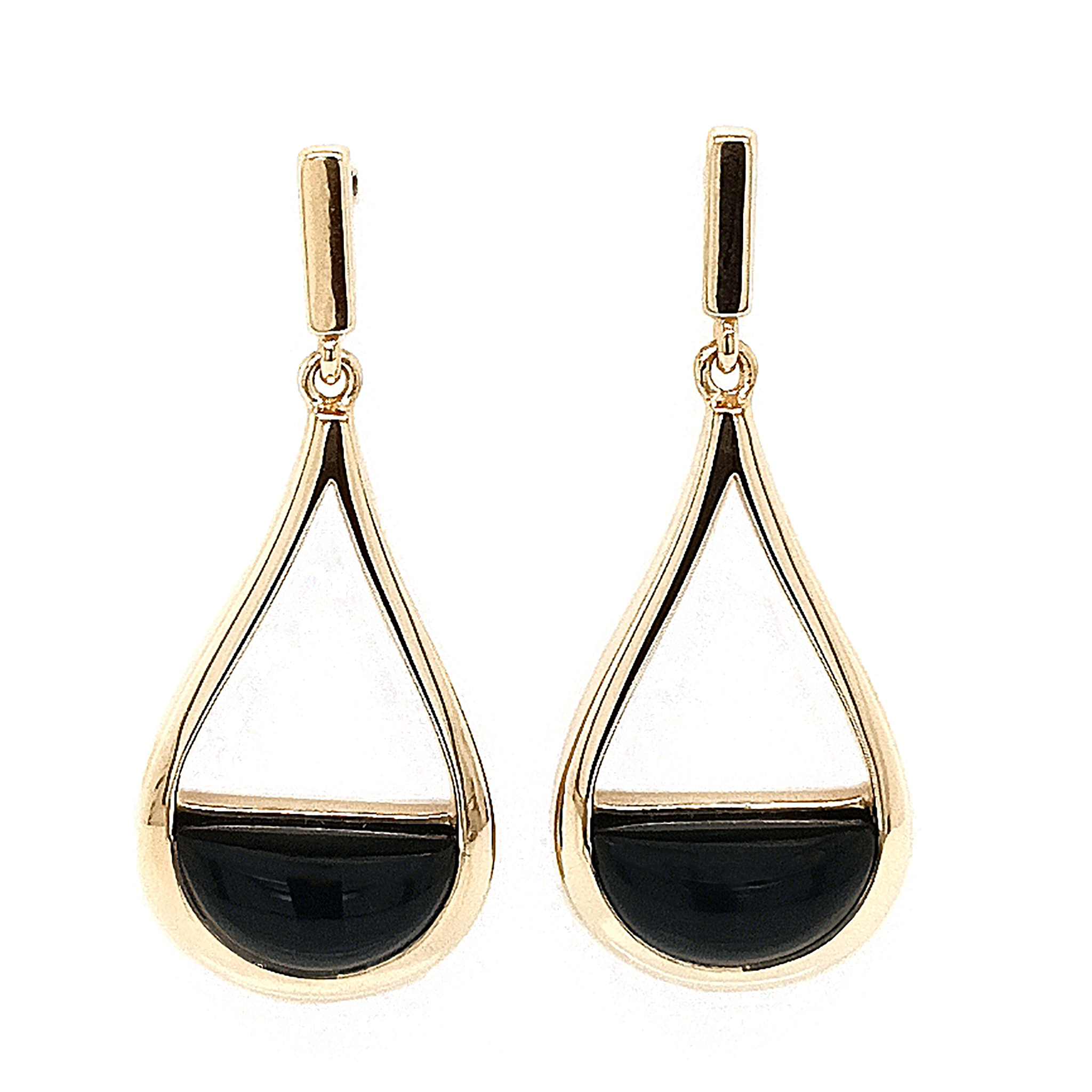 Silver Yellow Gold Plated Pear Shape and Onyx Drop Earrings