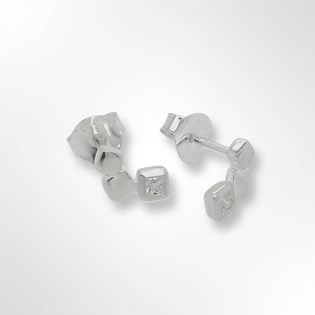 Sterling Silver Cubic Zirconia and 3 Offset Squares Stud Earrings