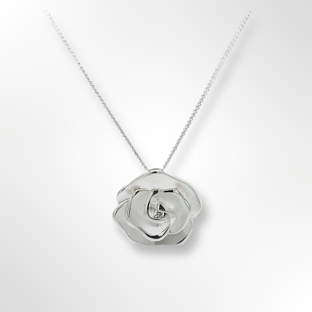 Sterling Silver Matt and Polished Rose Flower Pendant Necklace