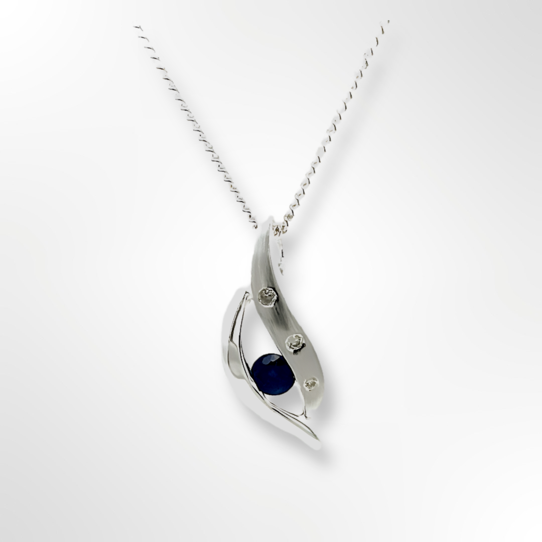 Sterling Silver Diamond & Blue Sapphire Open Marquise Shape Pendant Necklace