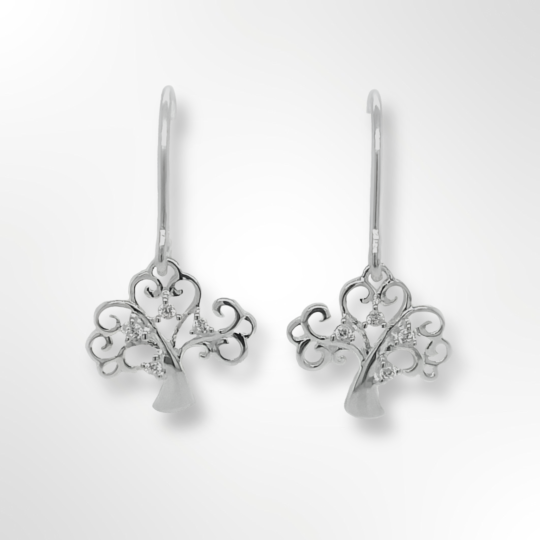Sterling Silver Scrolling Tree & CZ Drop Wire Earrings
