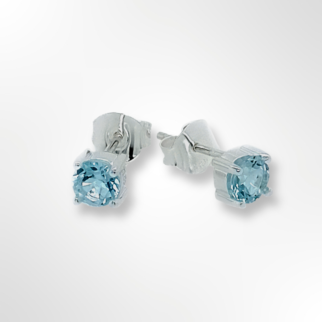 Sterling Silver Round Blue Topaz 4 Claws Set Stud Earrings