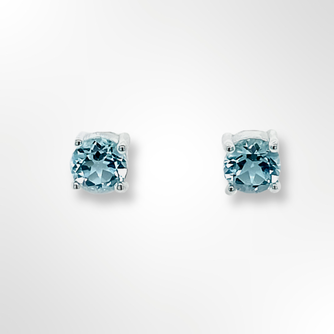 Sterling Silver Round Blue Topaz 4 Claws Set Stud Earrings