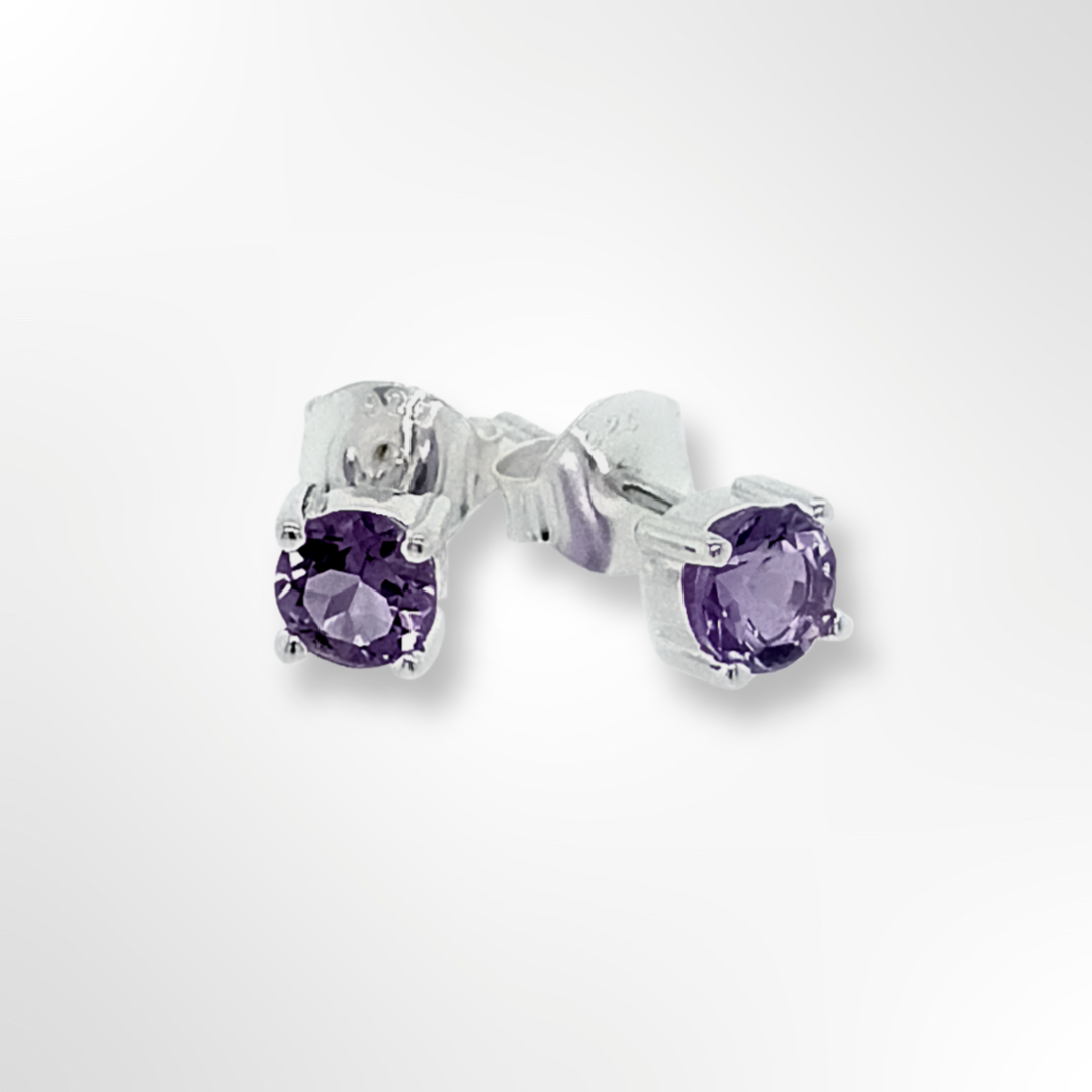 Sterling Silver Round Amethyst 4 Claws Set Stud Earrings 