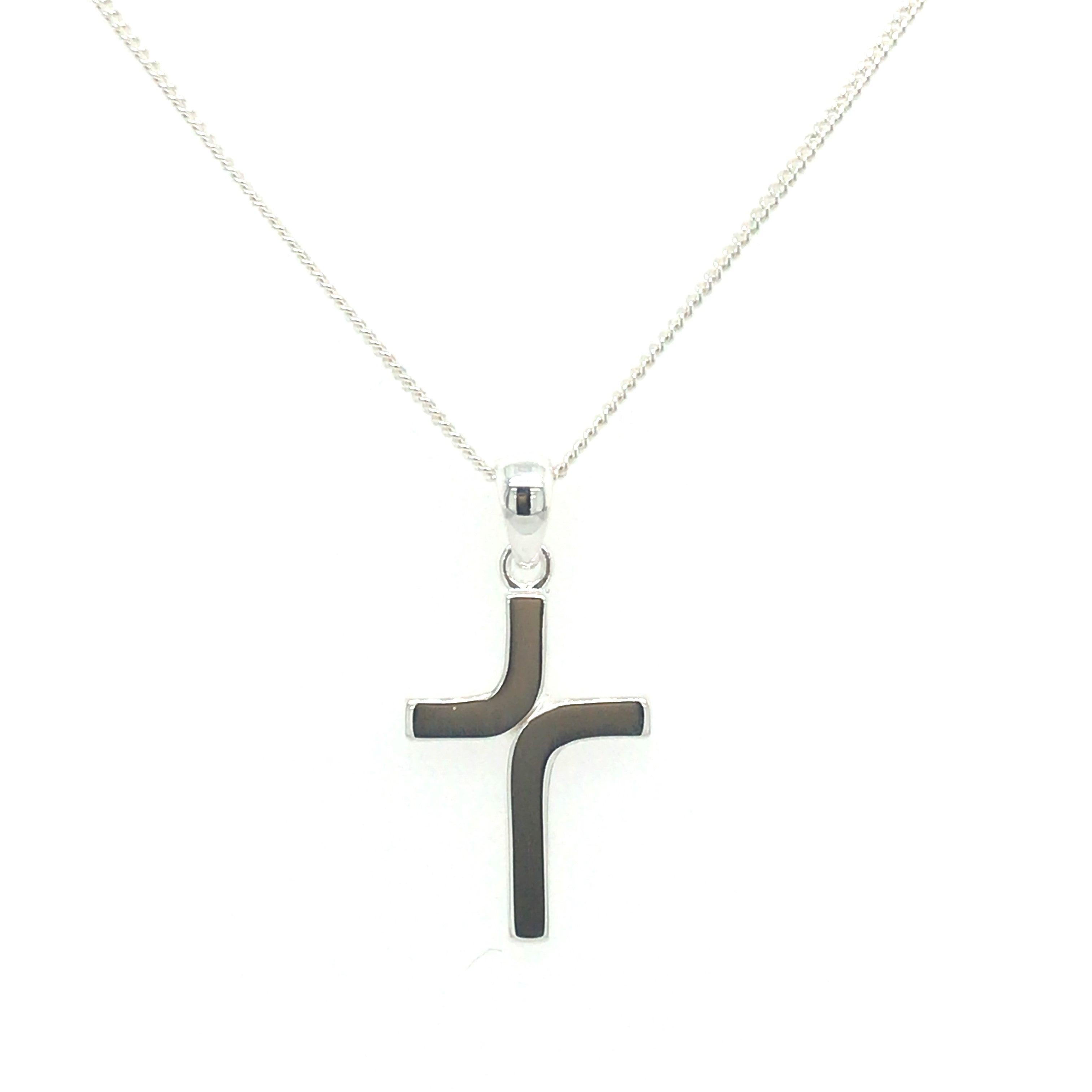 Silver Polished Curved Cross Pendant on Chain