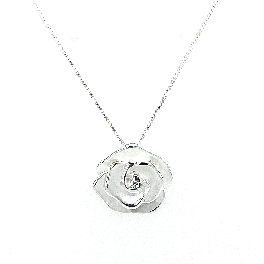 Sterling Silver and CZ Matt and Polished Rose Pendant Necklace