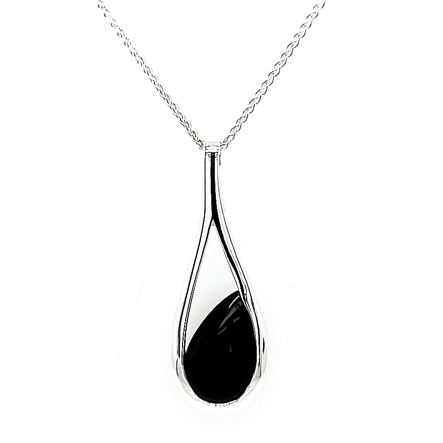 Silver Black Onyx Open Teardrop Drop Pendant on Chain