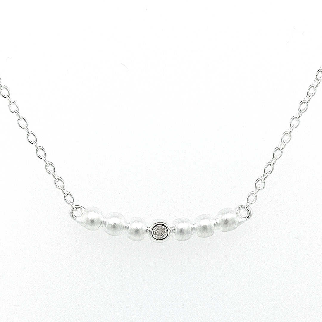 Sterling Silver Satin Finish Diamond Ball Bar Necklace