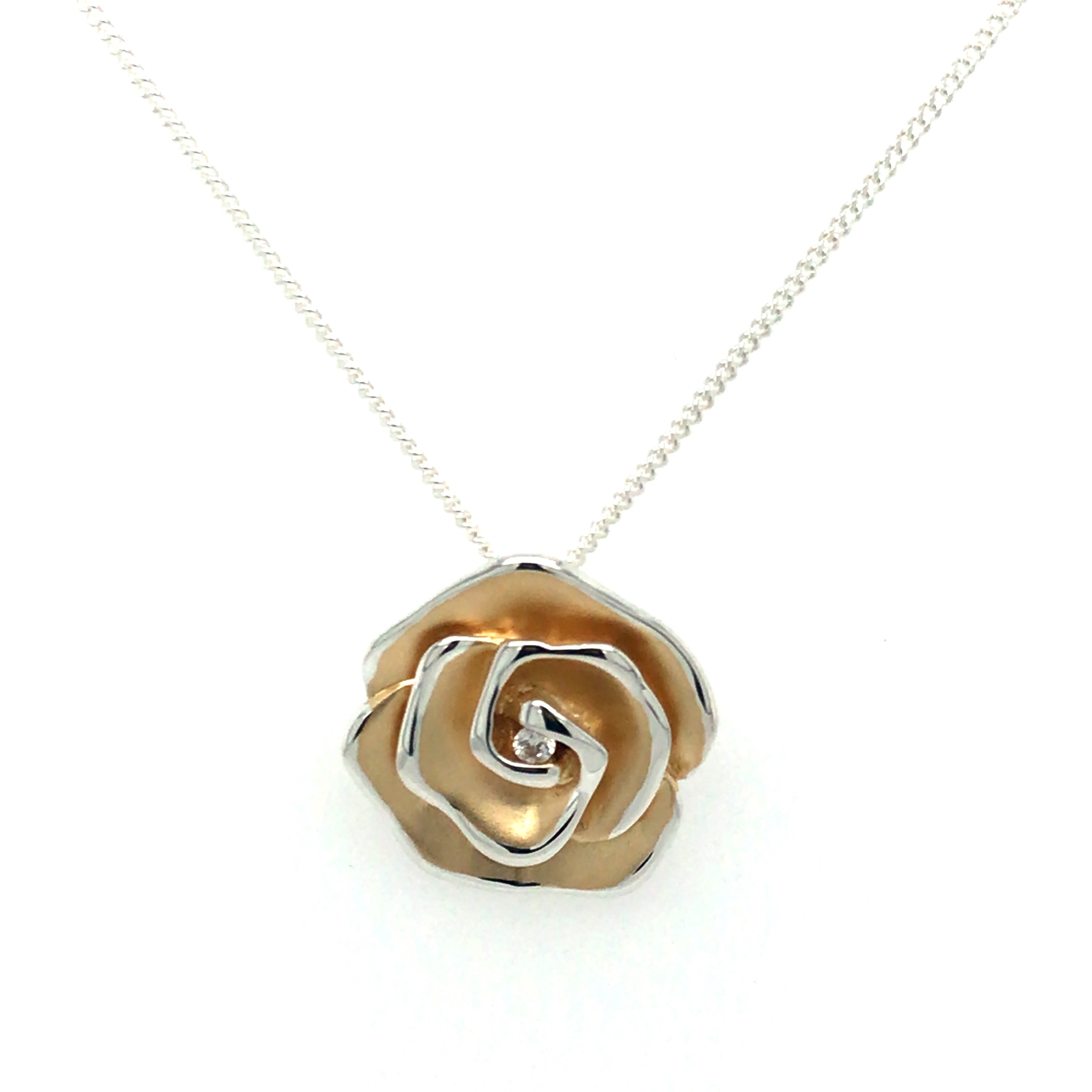 Silver Gold Plated Matt & Polish Cubic Zirconia Rose Pendant